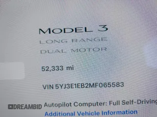 2021 Tesla Model 3 Long Range with VIN 5YJ3E1EB2MF065583, listed as a IAAI auction lot 42067399 with 52,333 mi miles. Bid and sale history available at carsss.com. Image 16.