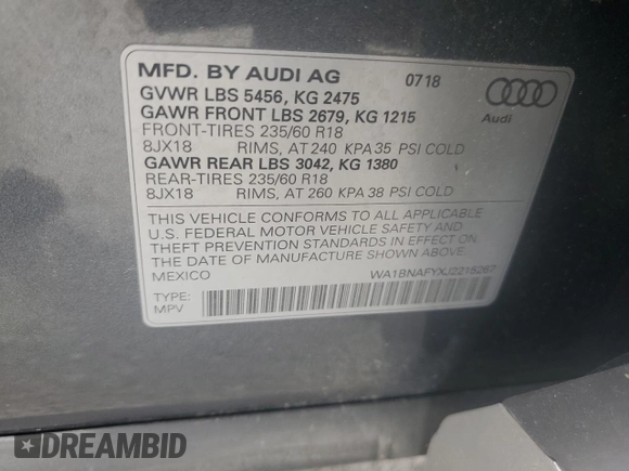 2018 Audi Q5 Premium Plus with VIN WA1BNAFYXJ2215267, listed as a Copart auction lot 60254005 with Not provided miles and Salvage title. Bid and sale history available at DreamBid. Image 13.