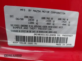 1999 Mazda MX-5 Miata with VIN JM1NB3531X0120856, listed as a IAAI auction lot 41531407 with 92,512 mi miles and . Bid and sale history available at DreamBid. Image 9.