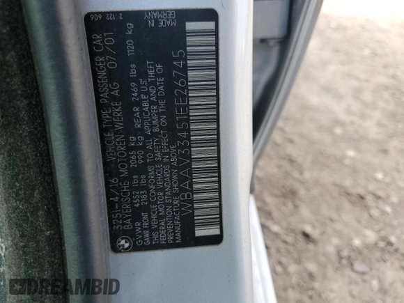 2001 BMW 3 Series 325i with VIN WBAAV33451EE26745, listed as a Copart auction lot 48457115 with 151,899 mi miles and Salvage Title. Bid and sale history available at carsss.com. Image 14.