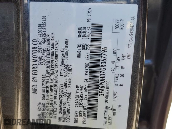 2016 Ford Fusion SE with VIN 3FA6P0HD7GR367796, listed as a Copart auction lot 52301775 with 69,717 mi miles and Salvage Title. Bid and sale history available at carsss.com. Image 12.