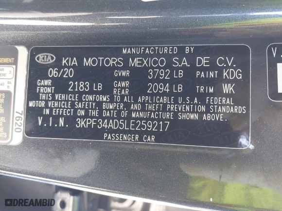 2020 Kia Forte GT-Line with VIN 3KPF34AD5LE259217, listed as a IAAI auction lot 41648984 with 83,812 mi miles. Bid and sale history available at carsss.com. Image 9.