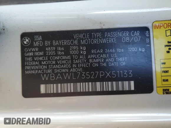 2007 BMW 3 Series 335i with VIN WBAWL73527PX51133, listed as a Copart auction lot 41748455 with 238,669 mi miles and Salvage Title. Bid and sale history available at carsss.com. Image 12.