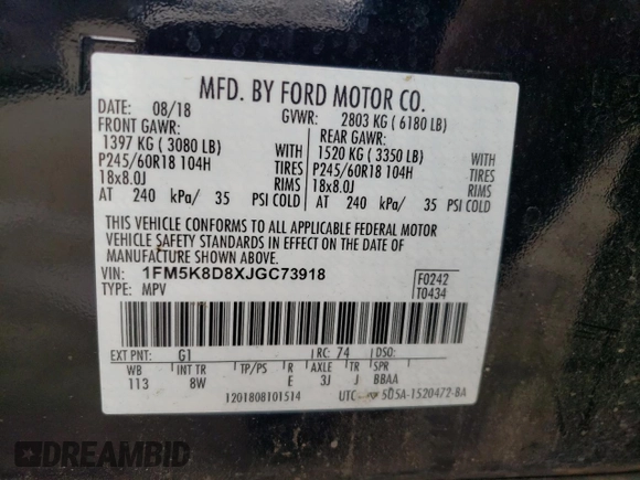 2018 Ford Explorer XLT z VIN 1FM5K8D8XJGC73918, wystawiony jako Copart lot #52388025 z przebiegiem 98 380 mil mil oraz Szkoda całkowita • Salvage title. Historia ofert i sprzedaży dostępna na DreamBid. Obrazek 14.