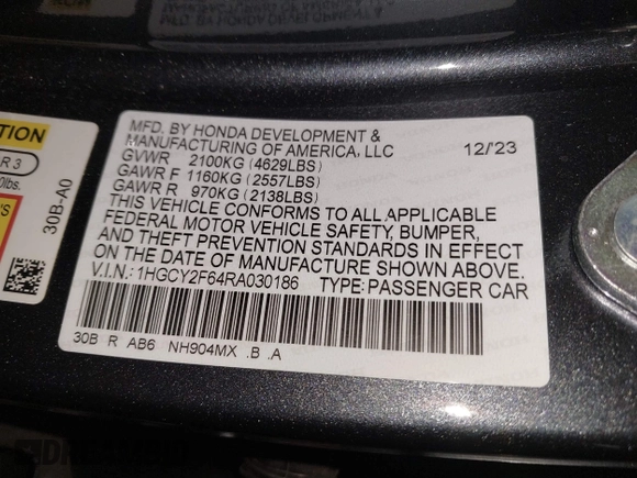2024 Honda Accord EX-L with VIN 1HGCY2F64RA030186, listed as a IAAI auction lot 42762402 with 28,334 mi miles and . Bid and sale history available at DreamBid. Image 9.