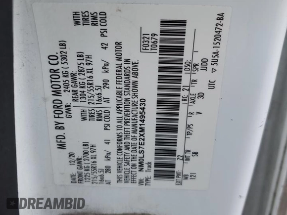 2021 Ford Transit Connect XL with VIN NM0LS7E2XM1495430, listed as a Copart auction lot 45021315 with 234,262 mi miles and Clean title. Bid and sale history available at DreamBid. Image 13.