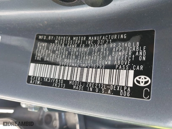 2021 Toyota Corolla LE with VIN 5YFEPMAE1MP216793, listed as a IAAI auction lot 41420038 with 117,115 mi miles. Bid and sale history available at carsss.com. Image 9.