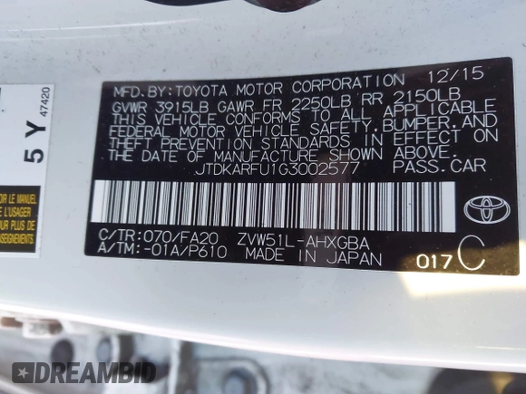 2016 Toyota Prius Four z VIN JTDKARFU1G3002577, wystawiony jako IAAI lot #41344412 z przebiegiem 110 952 mil mil oraz . Historia ofert i sprzedaży dostępna na DreamBid. Obrazek 9.