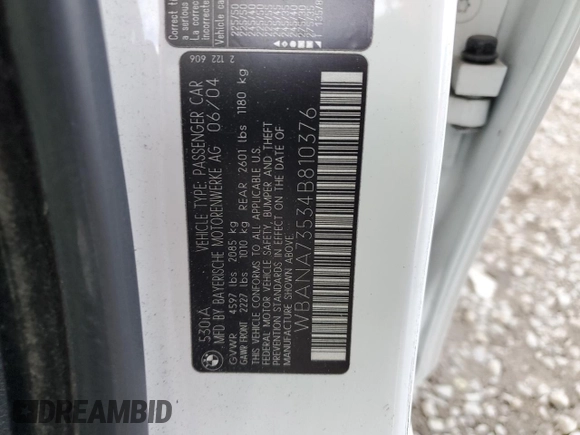 2004 BMW 5 Series 530i with VIN WBANA73534B810376, listed as a Copart auction lot 86913284 with 182,764 mi miles and Salvage Title. Bid and sale history available at DreamBid. Image 12.