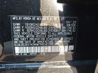 2024 Honda HR-V LX with VIN 3CZRZ1H39RM756514, listed as a IAAI auction lot 41530795 with 10,013 mi miles. Bid and sale history available at carsss.com. Image 9.