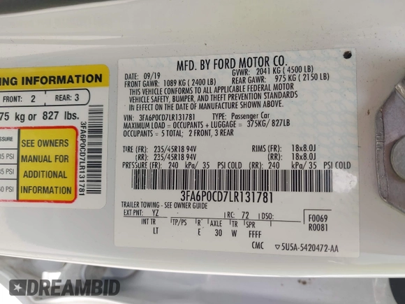 2020 Ford Fusion SEL с VIN 3FA6P0CD7LR131781, выставлен на аукционе IAAI как лот 41855346 с пробегом 95 621 миль миль и . История ставок и продаж доступна на DreamBid. Изображение 9.