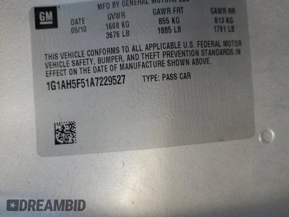 2010 Chevrolet Cobalt with VIN 1G1AH5F51A7229527, listed as a Copart auction lot 50579155 with 195,912 mi miles and Clean Title. Bid and sale history available at DreamBid. Image 12.