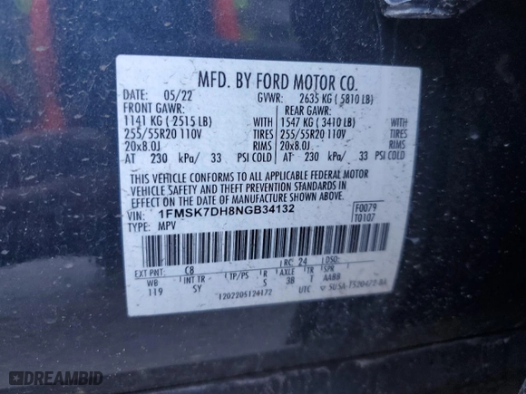 2022 Ford Explorer XLT with VIN 1FMSK7DH8NGB34132, listed as a Copart auction lot 48563805 with NaN miles and Non Repairable. Bid and sale history available at carsss.com. Image 13.