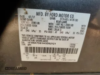 2017 Ford Explorer XLT with VIN 1FM5K7D81HGD62121, listed as a Copart auction lot 53132825 with 63,050 mi miles and Salvage title. Bid and sale history available at DreamBid. Image 15.