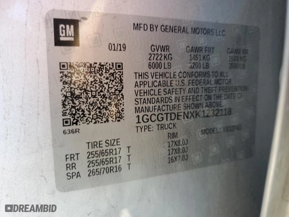 2019 Chevrolet Colorado 4WD Z71 with VIN 1GCGTDENXK1232118, listed as a Copart auction lot 87080994 with 50,306 mi miles and Salvage Title. Bid and sale history available at carsss.com. Image 15.