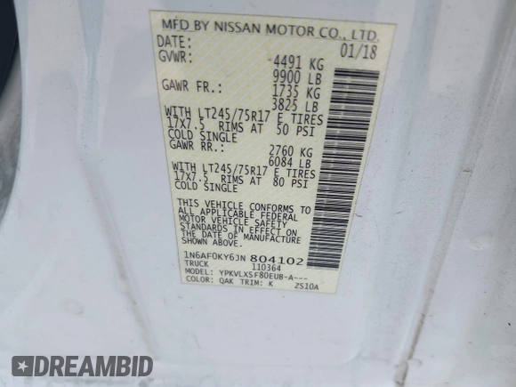 2018 Nissan NV SV with VIN 1N6AF0KY6JN804102, listed as a IAAI auction lot 42129247 with 172,032 mi miles. Bid and sale history available at carsss.com. Image 9.