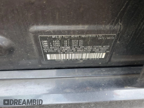 2013 Subaru Legacy Premium with VIN 4S3BMCC62D3046240, listed as a Copart auction lot 56543735 with 186,248 mi miles and Salvage title. Bid and sale history available at DreamBid. Image 12.