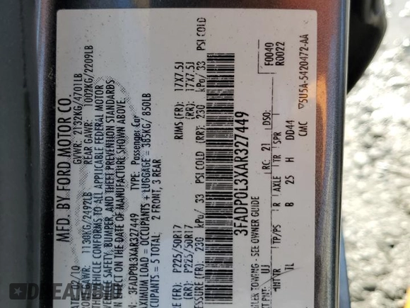 2010 Ford Fusion Hybrid with VIN 3FADP0L3XAR327449, listed as a Copart auction lot 54207225 with 192,659 mi miles and Salvage Title. Bid and sale history available at carsss.com. Image 13.