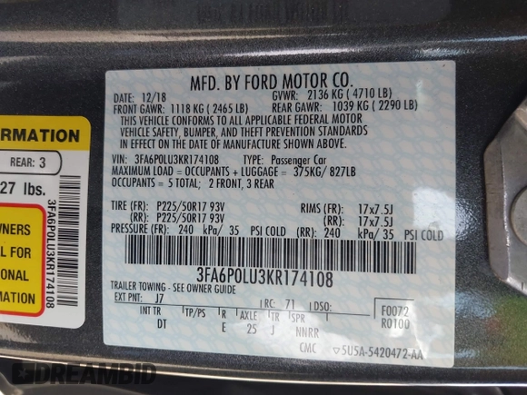 2019 Ford Fusion SE with VIN 3FA6P0LU3KR174108, listed as a IAAI auction lot 42094264 with 87,700 mi miles and . Bid and sale history available at carsss.com. Image 9.