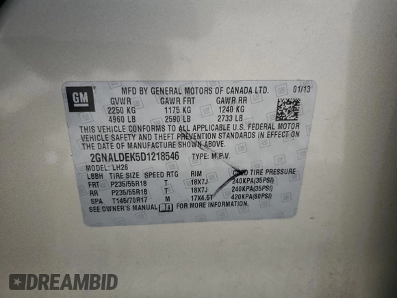 2013 Chevrolet Equinox LT with VIN 2GNALDEK5D1218546, listed as a Copart auction lot 52764895 with 93,277 mi miles and Salvage Title. Bid and sale history available at DreamBid. Image 13.