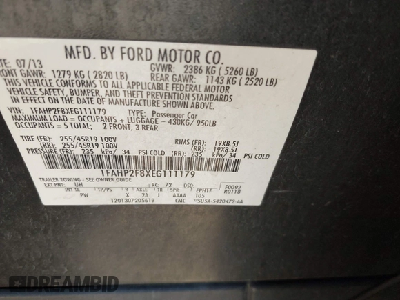 2014 Ford Taurus Limited с VIN 1FAHP2F8XEG111179, выставлен на аукционе IAAI как лот 42561945 с пробегом 191 999 миль миль и . История ставок и продаж доступна на DreamBid. Изображение 9.