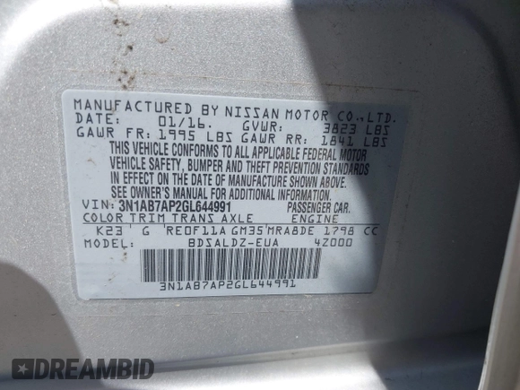 2016 Nissan Sentra SR with VIN 3N1AB7AP2GL644991, listed as a IAAI auction lot 42004372 with Not Provided miles and . Bid and sale history available at DreamBid. Image 9.