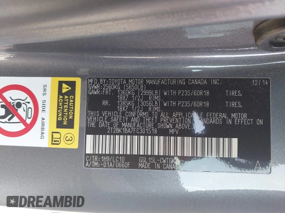 2015 Lexus RX 350 with VIN 2T2BK1BA7FC301518, listed as a IAAI auction lot 41742380 with 45,198 mi miles and . Bid and sale history available at DreamBid. Image 9.