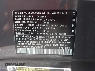 2012 Volkswagen Touareg Sport with VIN WVGFK9BP0CD002939, listed as a IAAI auction lot 42531654 with 222,435 mi miles and . Bid and sale history available at DreamBid. Image 9.