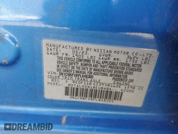 2023 Nissan Versa SR with VIN 3N1CN8FV8PL848305, listed as a Copart auction lot 43936015 with Not Provided miles and Salvage Title. Bid and sale history available at DreamBid. Image 12.