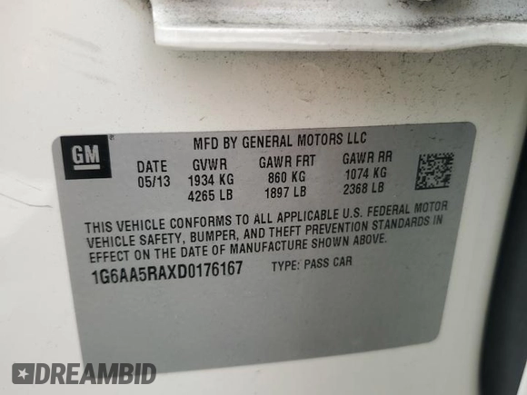2013 Cadillac ATS with VIN 1G6AA5RAXD0176167, listed as a Copart auction lot 63126005 with 124,598 mi miles and Salvage title. Bid and sale history available at DreamBid. Image 12.