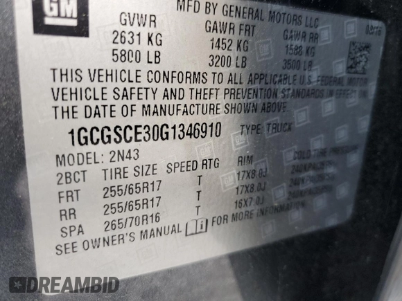 2016 Chevrolet Colorado 2WD LT with VIN 1GCGSCE30G1346910, listed as a Copart auction lot 52750195 with 169,445 mi miles and Salvage title. Bid and sale history available at DreamBid. Image 12.