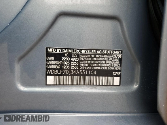 2004 Mercedes-Benz E-Class 5.0L with VIN WDBUF70J34A551104, listed as a Copart auction lot 51404534 with 0 mi miles and Clean Title. Bid and sale history available at carsss.com. Image 13.