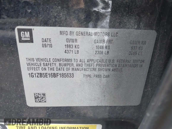 2011 Chevrolet Malibu 1LS with VIN 1G1ZB5E16BF185633, listed as a IAAI auction lot 42152734 with 110,311 mi miles and . Bid and sale history available at DreamBid. Image 9.