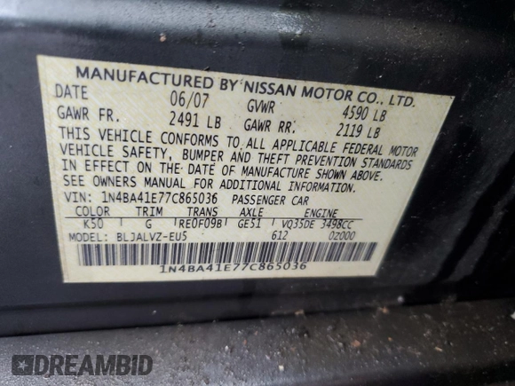 2007 Nissan Maxima 3.5 SE with VIN 1N4BA41E77C865036, listed as a Copart auction lot 51136335 with 12,252 mi miles and Clean Title. Bid and sale history available at carsss.com. Image 12.
