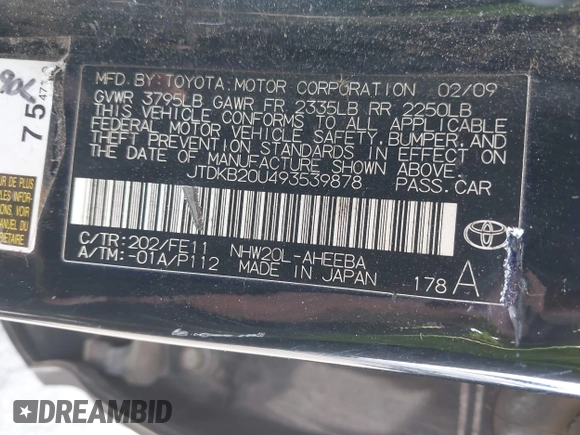 2009 Toyota Prius with VIN JTDKB20U493539878, listed as a IAAI auction lot 42189644 with 180,732 mi miles. Bid and sale history available at carsss.com. Image 9.