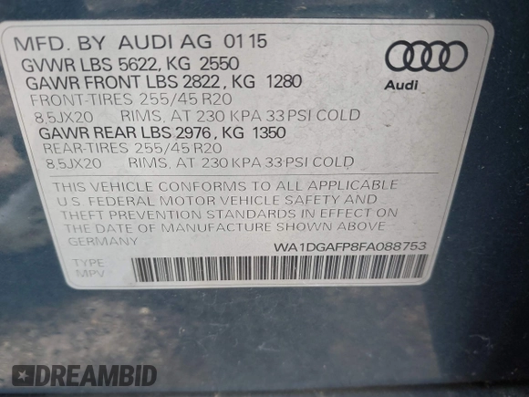 2015 Audi Q5 Premium Plus z VIN WA1DGAFP8FA088753, wystawiony jako IAAI lot #41983265 z przebiegiem 55 077 mil mil oraz . Historia ofert i sprzedaży dostępna na DreamBid. Obrazek 9.