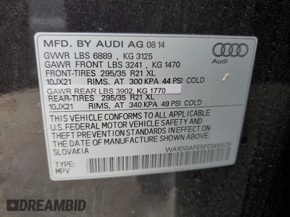 2015 Audi Q7 S line Prestige with VIN WA1DGAFE5FD005535, listed as a Copart auction lot 56905465 with 117,934 mi miles and Salvage title. Bid and sale history available at DreamBid. Image 13.