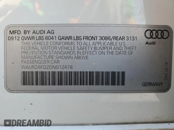 2013 Audi A8 L 4.0L with VIN WAUR2AFD2DN012478, listed as a Copart auction lot 49733565 with 115,323 mi miles and Salvage Title. Bid and sale history available at carsss.com. Image 12.
