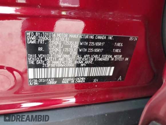2024 Toyota RAV4 XLE with VIN 2T3P1RFV8RW459966, listed as a IAAI auction lot 41943131 with Not Provided miles and . Bid and sale history available at DreamBid. Image 9.