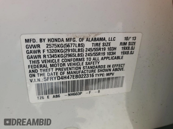 2014 Acura MDX Technology z VIN 5FRYD4H47EB022316, wystawiony jako Copart lot #56894405 z przebiegiem 56 343 mil mil oraz Szkoda całkowita • Salvage title. Historia ofert i sprzedaży dostępna na DreamBid. Obrazek 13.
