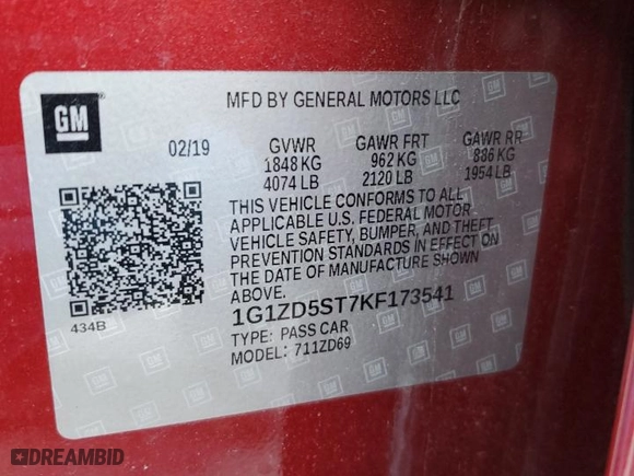 2019 Chevrolet Malibu LT with VIN 1G1ZD5ST7KF173541, listed as a Copart auction lot 48602015 with 56,124 mi miles and Salvage Title. Bid and sale history available at carsss.com. Image 14.