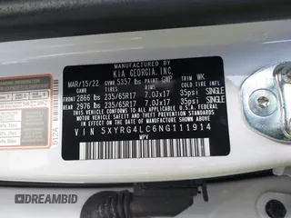 2022 Kia Sorento LX with VIN 5XYRG4LC6NG111914, listed as a IAAI auction lot 41402951 with 46,157 mi miles. Bid and sale history available at carsss.com. Image 9.