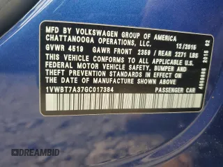 2016 Volkswagen Passat SE with VIN 1VWBT7A37GC017384, listed as a Copart auction lot 59661115 with 188,178 mi miles and Salvage title. Bid and sale history available at DreamBid. Image 12.