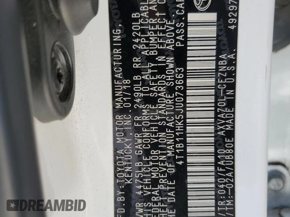 2018 Toyota Camry LE с VIN 4T1B11HK5JU073663, выставлен на аукционе Copart как лот 55656575 с пробегом 100 578 миль миль и Списание • Salvage title. История ставок и продаж доступна на DreamBid. Изображение 12.