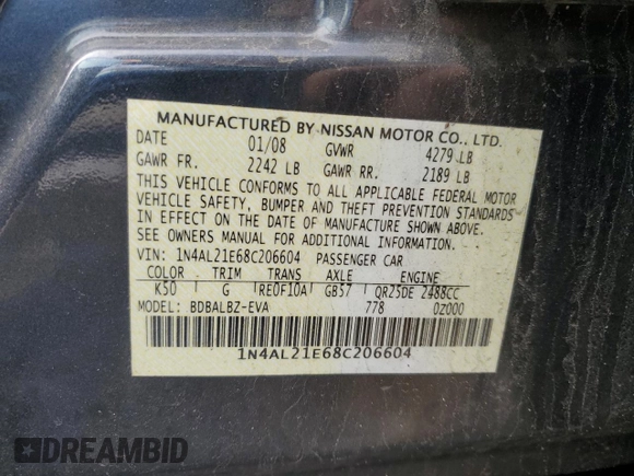2008 Nissan Altima 2.5 S with VIN 1N4AL21E68C206604, listed as a Copart auction lot 49168215 with 208,313 mi miles and Salvage Title. Bid and sale history available at carsss.com. Image 12.
