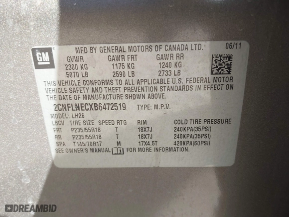 2011 Chevrolet Equinox LT w/2LT with VIN 2CNFLNECXB6472519, listed as a IAAI auction lot 41681648 with 79,502 mi miles. Bid and sale history available at carsss.com. Image 9.