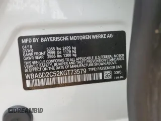 2019 BMW 6 Series 640i xDrive with VIN WBA6D2C52KGT73579, listed as a Copart auction lot 47988833 with 67,296 mi miles and . Bid and sale history available at carsss.com. Image 13.