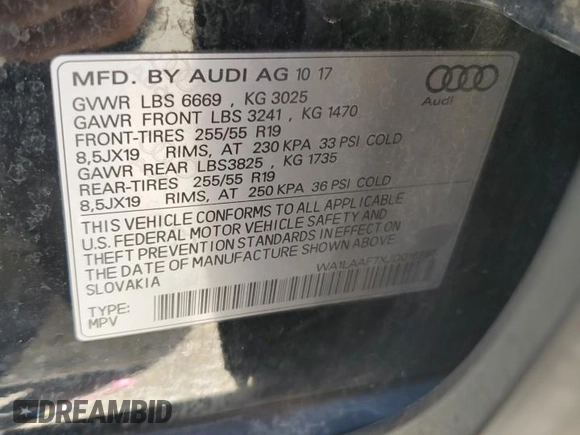 2018 Audi Q7 Premium Plus with VIN WA1LAAF7XJD016585, listed as a Copart auction lot 62598545 with 84,557 mi miles and Salvage title. Bid and sale history available at DreamBid. Image 13.