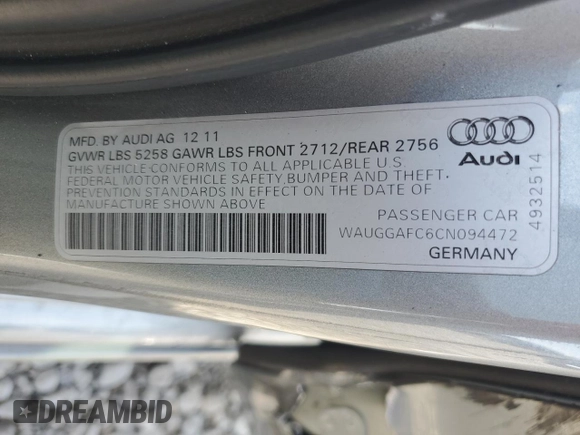 2012 Audi A6 3.0T Premium Plus with VIN WAUGGAFC6CN094472, listed as a Copart auction lot 49060025 with 111,031 mi miles and Salvage Title. Bid and sale history available at carsss.com. Image 14.