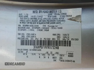 2007 Ford Fusion SE with VIN 3FAHP07197R172248, listed as a Copart auction lot 54787795 with 82,939 mi miles and Salvage Title. Bid and sale history available at carsss.com. Image 12.